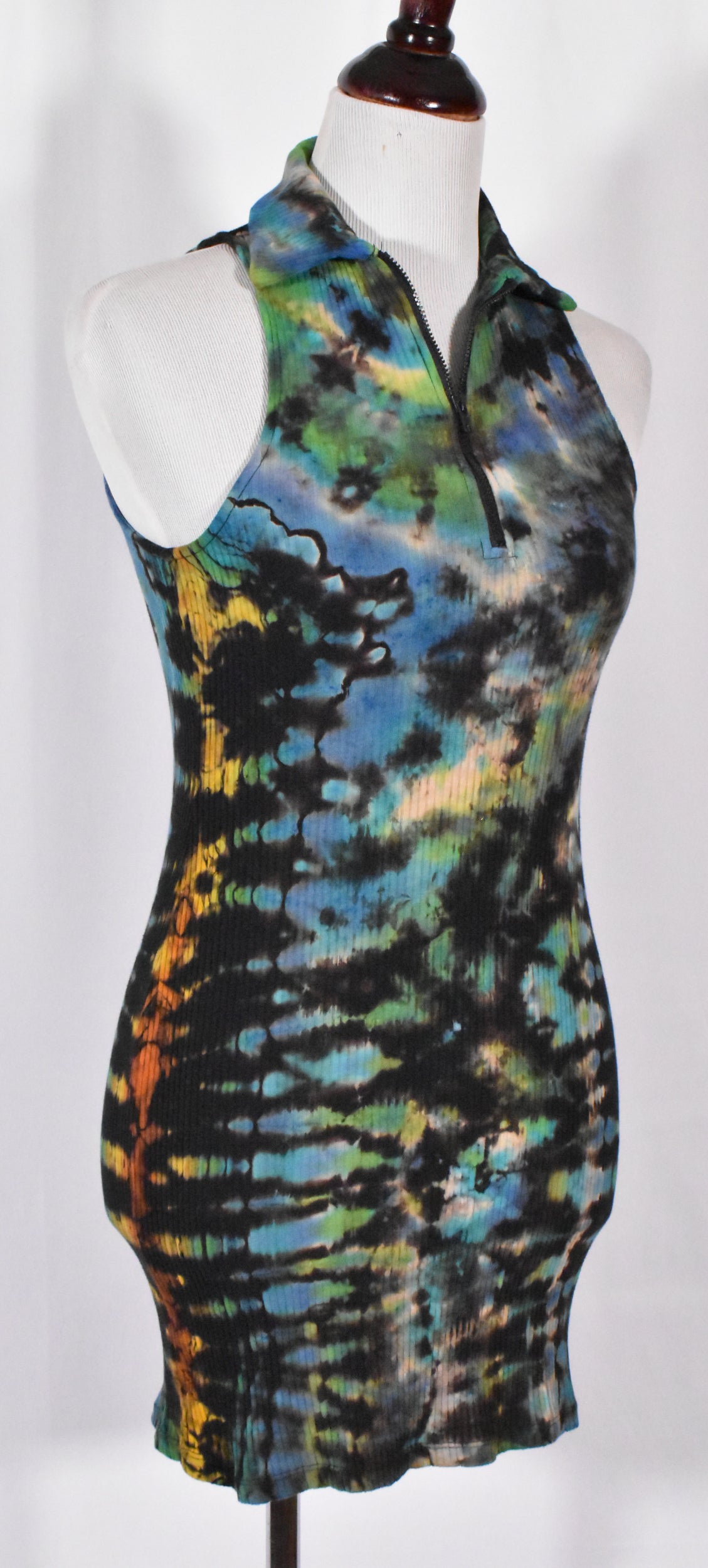 Stealth UFO Alien Reverse Tie Dye Black Rainbow Cotton Tank Dress with Zip size XS