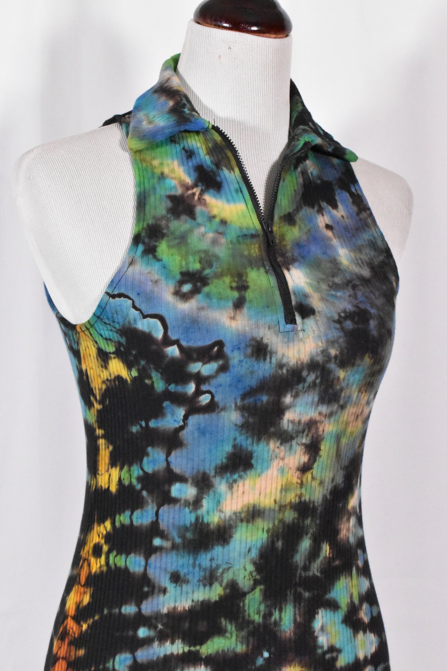 Stealth UFO Alien Reverse Tie Dye Black Rainbow Cotton Tank Dress with Zip size XS