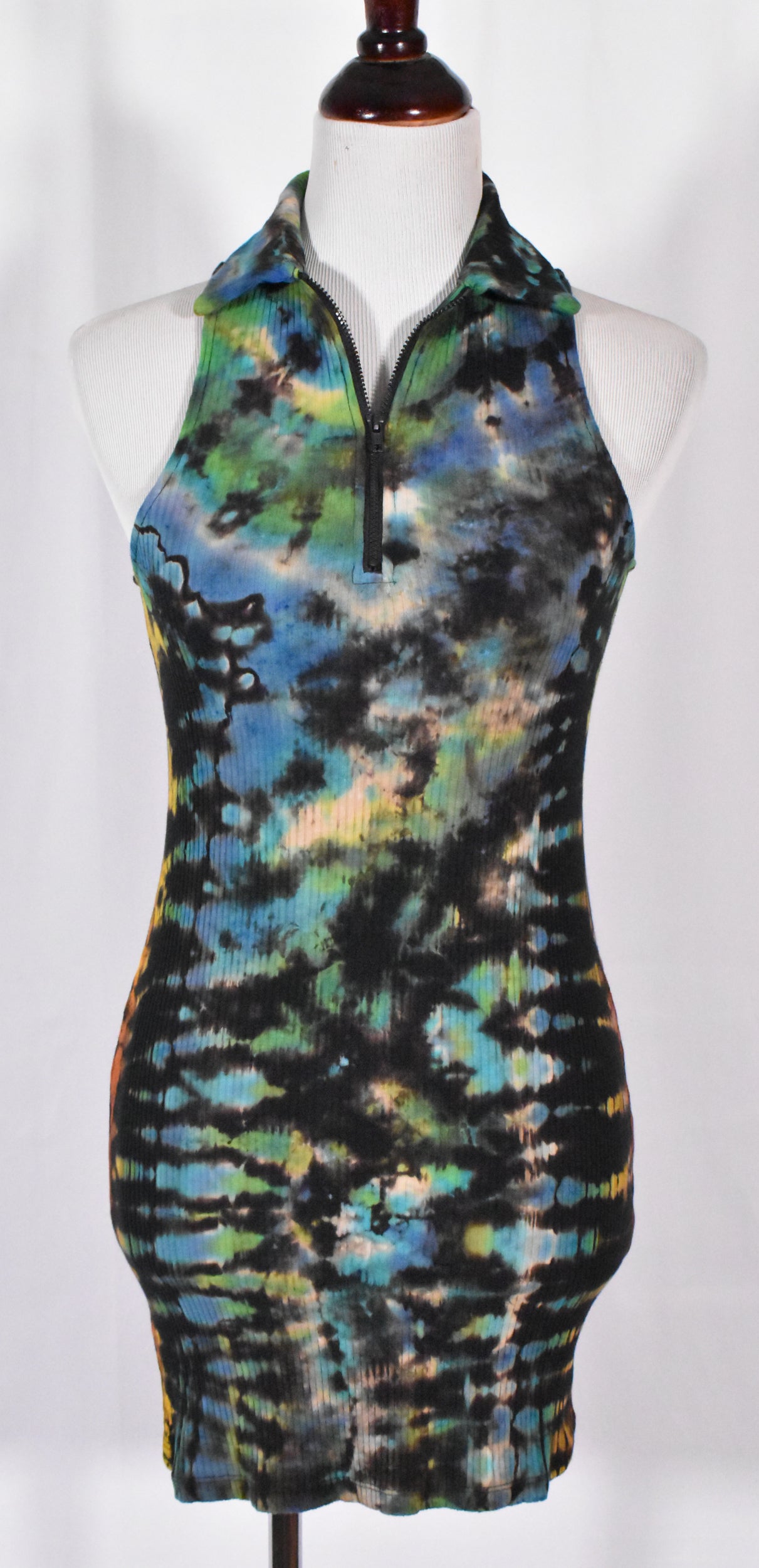 Stealth UFO Alien Reverse Tie Dye Black Rainbow Cotton Tank Dress with Zip size XS