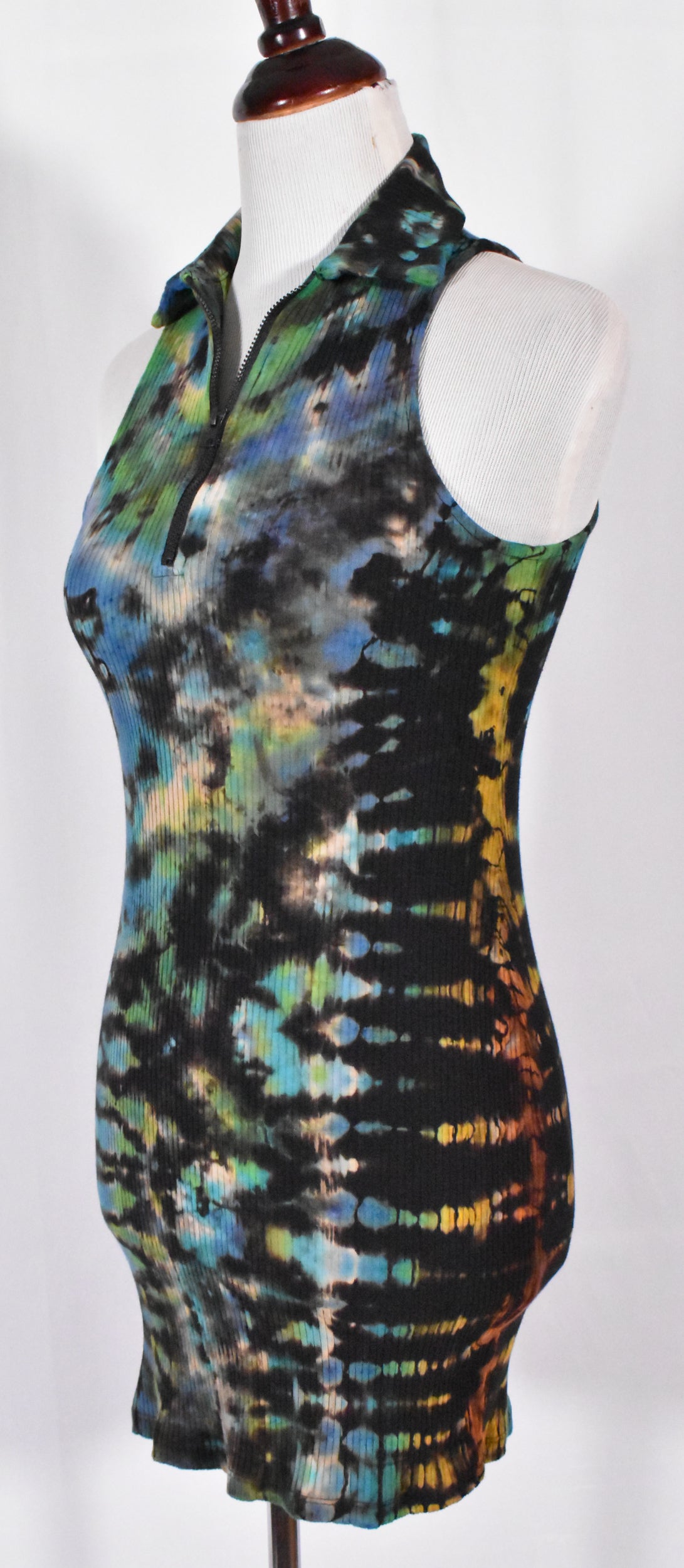 Stealth UFO Alien Reverse Tie Dye Black Rainbow Cotton Tank Dress with Zip size XS