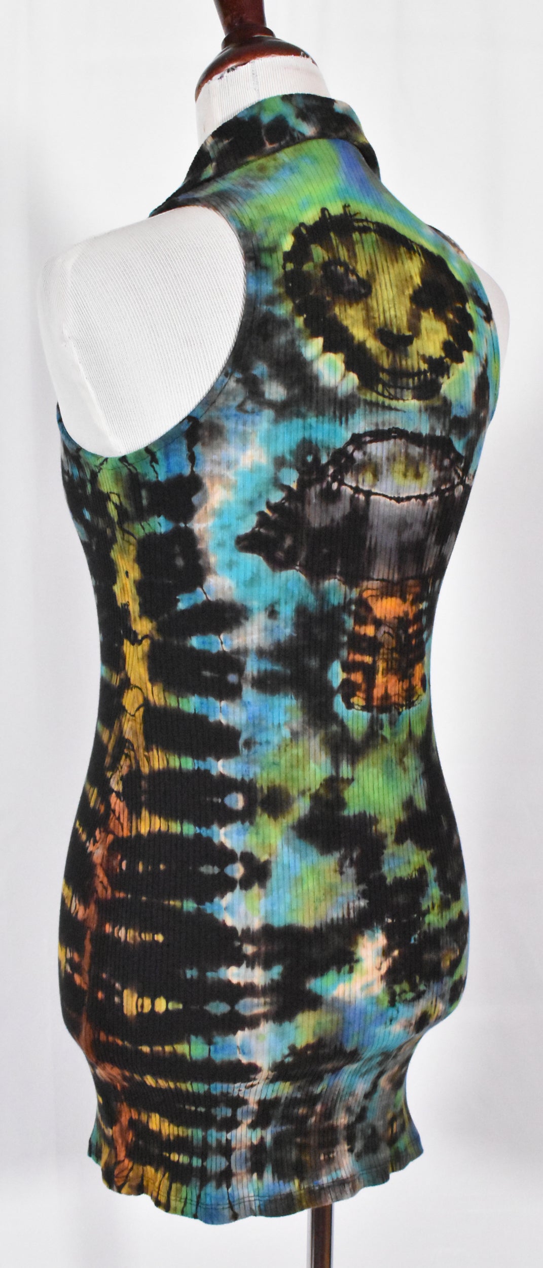 Stealth UFO Alien Reverse Tie Dye Black Rainbow Cotton Tank Dress with Zip size XS