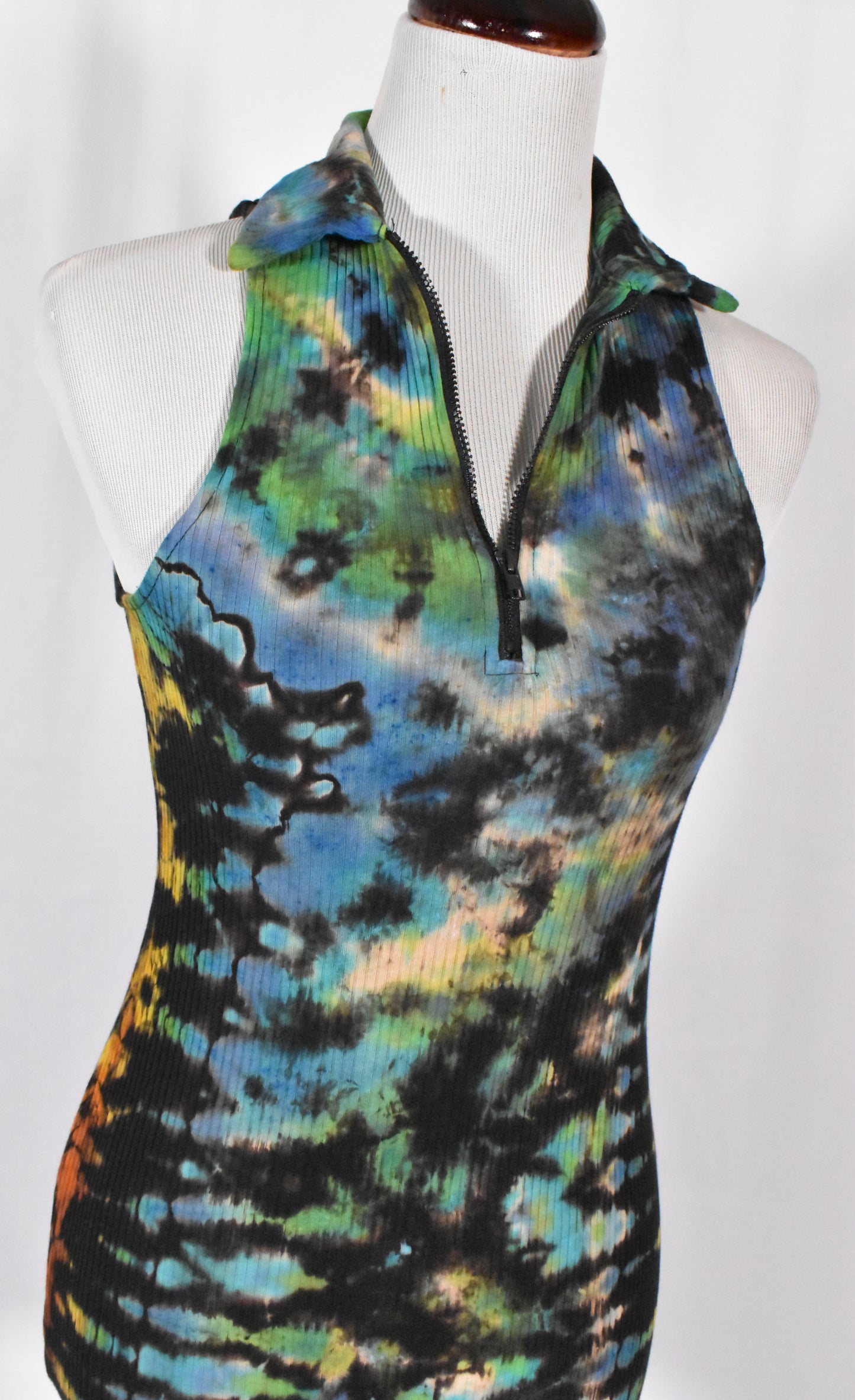 Stealth UFO Alien Reverse Tie Dye Black Rainbow Cotton Tank Dress with Zip size XS
